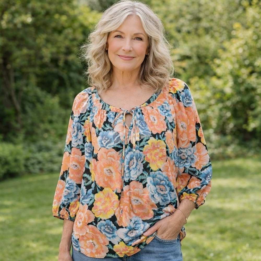 Lauren Conrad Shimmery Blouse Women L Floral Peasant Metallic Balloon Sleeve New